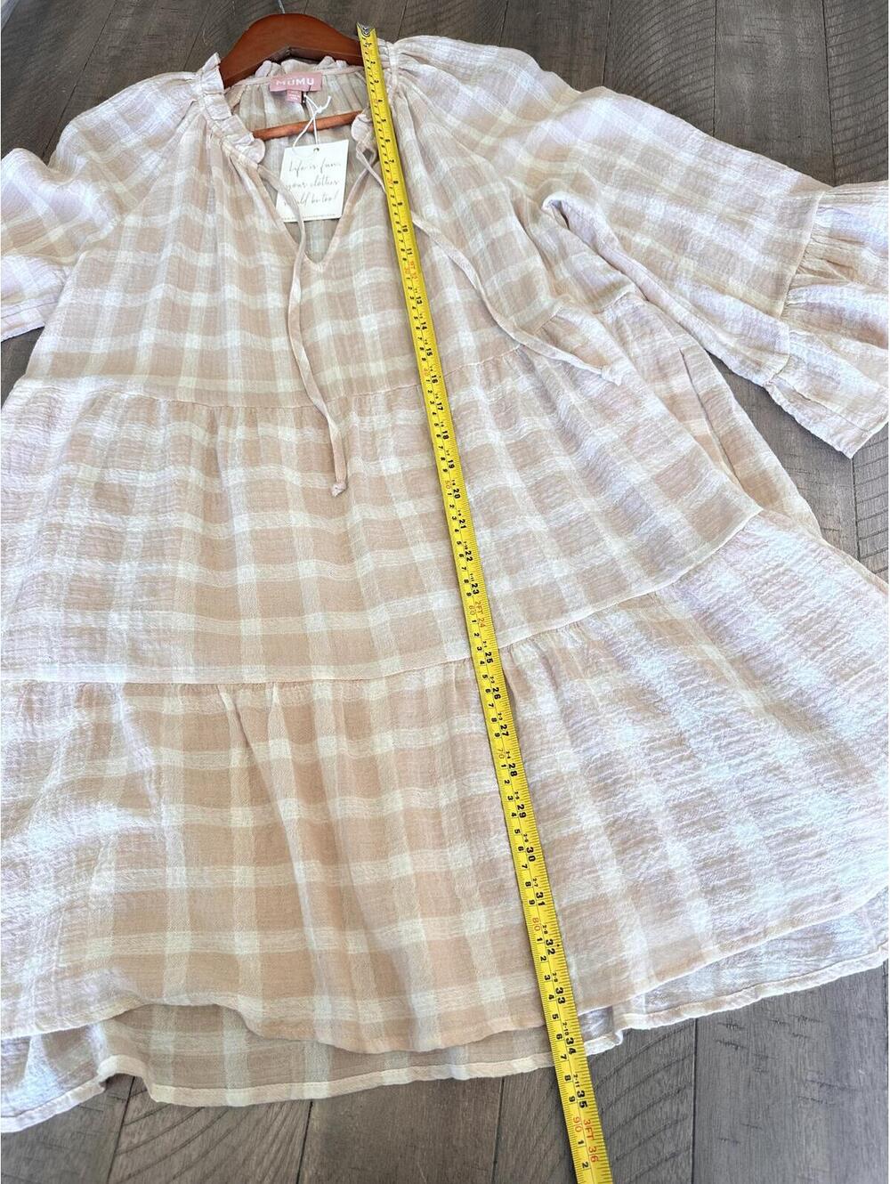 NWT Show Me Your MuMu Viola Plaid Bell Sleeve Mini Dress Beige/ Cream Women’s XS - Picture 10 of 15